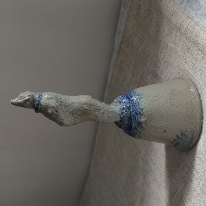 Rowe Pottery Works Blue And Gray Salt Glaze Christmas Bell With Bear 1992 RARE